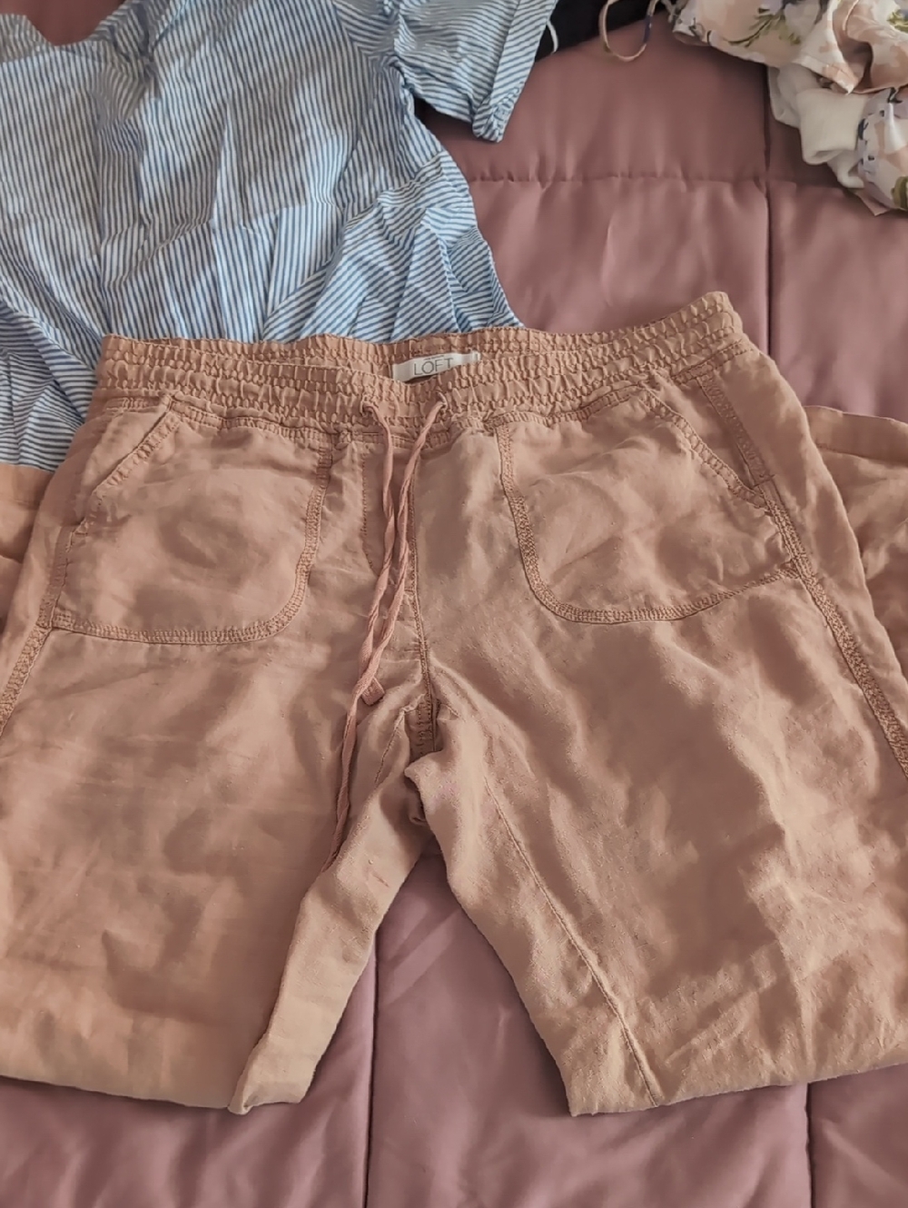 LOFT 10 Tan Drawstring Linen Pull On Pants Drawstring Light Weight